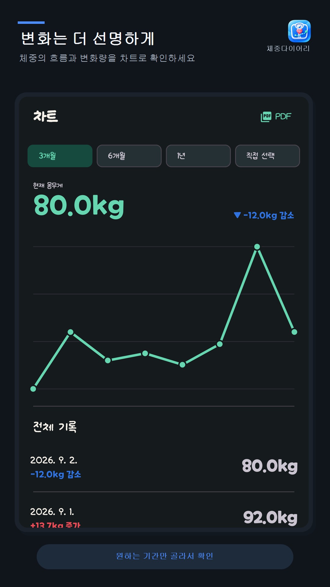 기간별 체중 변화를 보여주는 다크 테마 차트