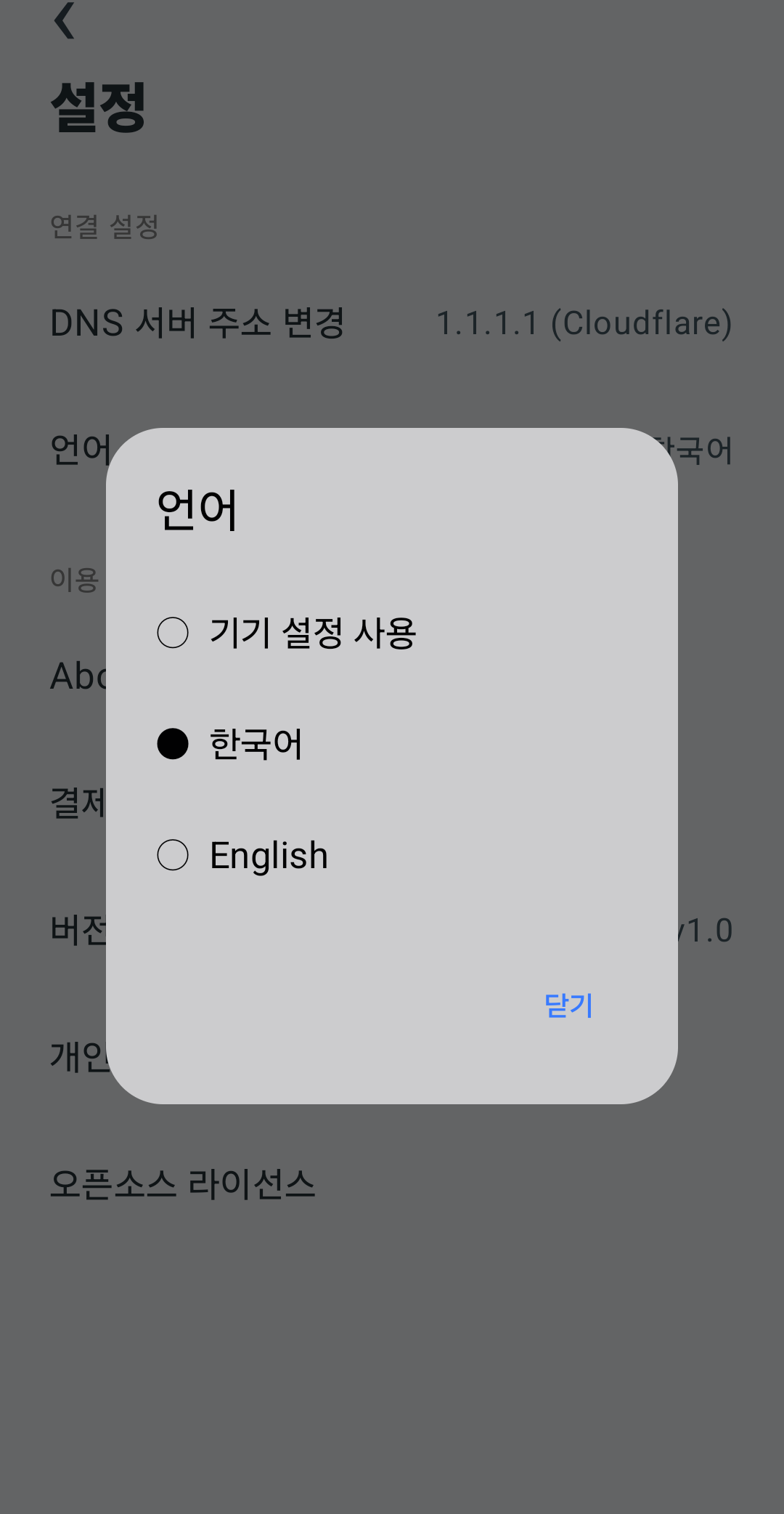 FishVPN 언어 선택 화면